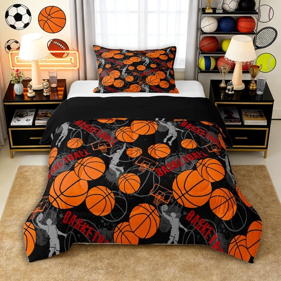 Erosebridal Teens Basketball Gaming Twin Comforter Sets 3-Piece,Sport Gamer Bedding Set for Kids Boys Girls,Black Reversible,Ultra Soft Home Decor