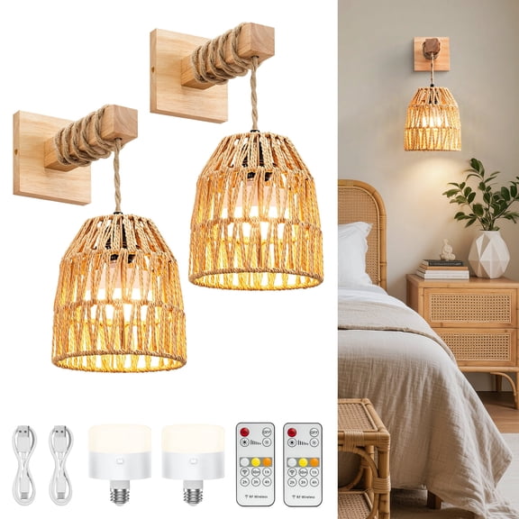 Wall Sconces Set of 2, Boho Rattan Wall Sconce with 13000mAh Bulbs, Farmhouse Hand Woven Wall Lights with Remote, Wireless Battery Powered Lamp/Lights for Bedroom Living Room