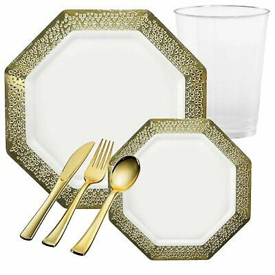LACETAGON COLLECTIONS LACE GOLD RIM PLASTIC TABLEWARE PACKAGE FOR ALL OCCASIONS (20 Qty)