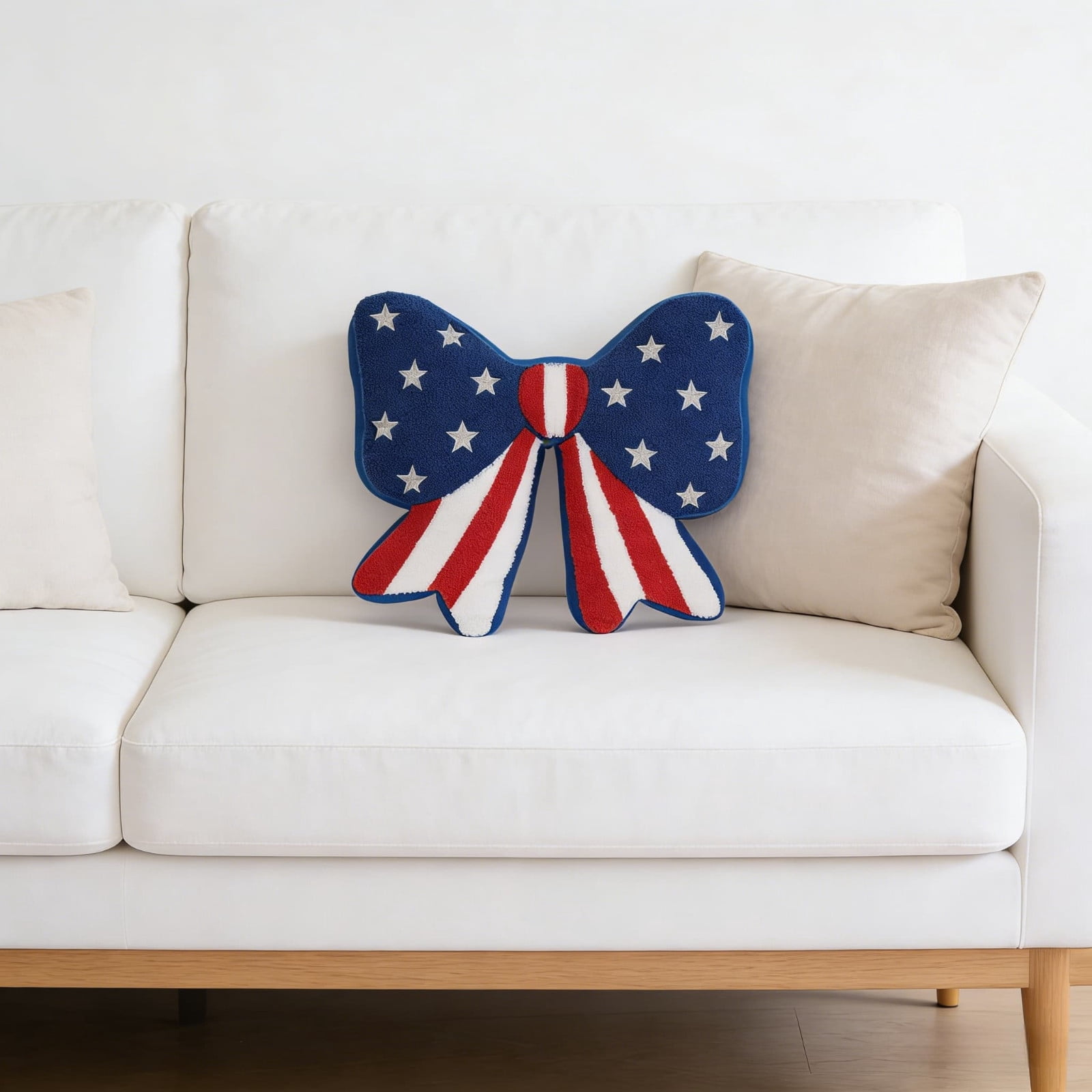 Fuebueo Independence Day Patriotic Bow Pillow, Red White and Blue Stars and Stripes Decorative Throw Cushion, 14.5 x 13 Inch