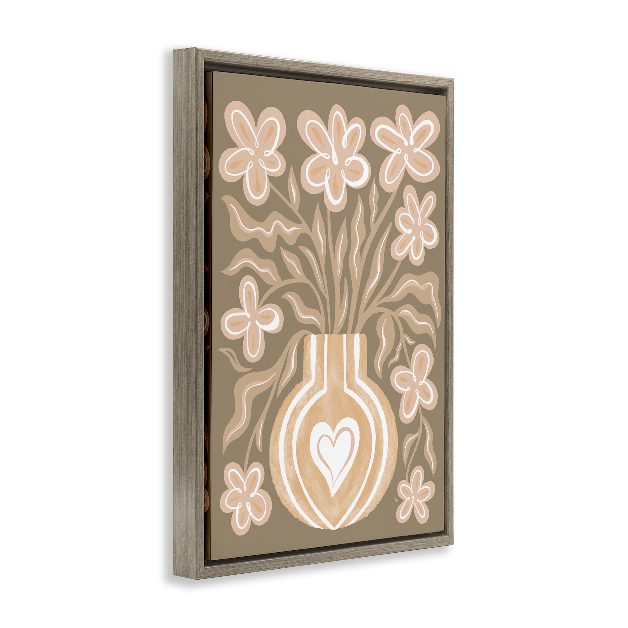 Stupell Industries Pink Retro Flower Vase Floral & Botanical Painting Brown Floater Framed Canvas Art Print Wall Art, 21 x 31