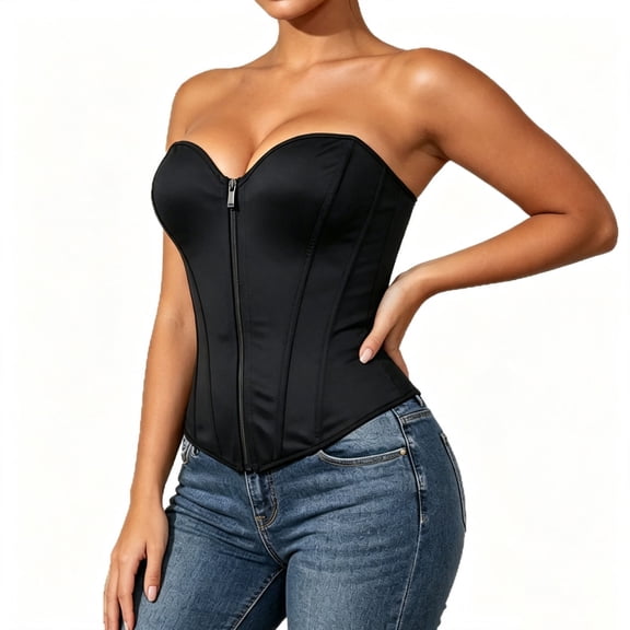 QQZ Strapless Front Zipper Corset Top For Women, Shapewear Tummy Control For Women, Back Lace-Up Waist Cincher Bustier For Halloween Cosplay, Club And Themed Parties