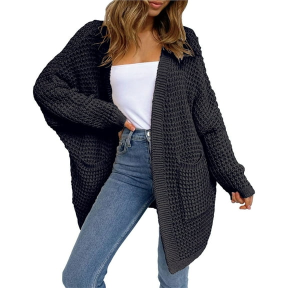 Baberdicy Women's Long Knitted Cardigan, New Loose Weave Large Size Sweater Coat , Oversized Knit Cardigan, Longline Duster Sweater, Relaxed Coat Black L
