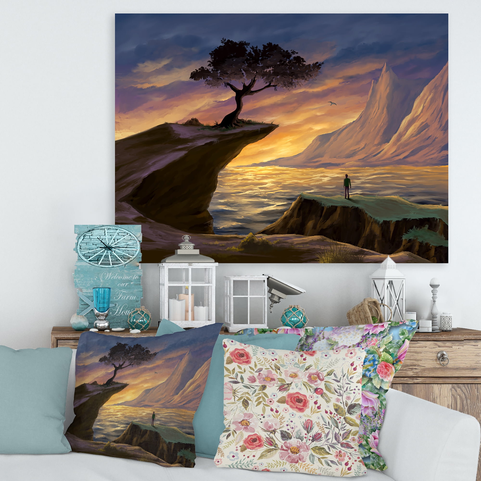 Tree On A Sea Cliff At Evening Light 32 in x 16 in Painting Canvas Art Print, by Designart