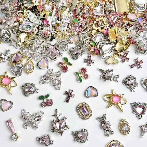 50PCS Light Luxury Exquisite Heart Four-pointed Star Crown Nail Charms 3D Alloy Gold Silver Cherry Butterfly Planet Pink Diamond Inlaid Nail Art Decorations DIY Nails Designs