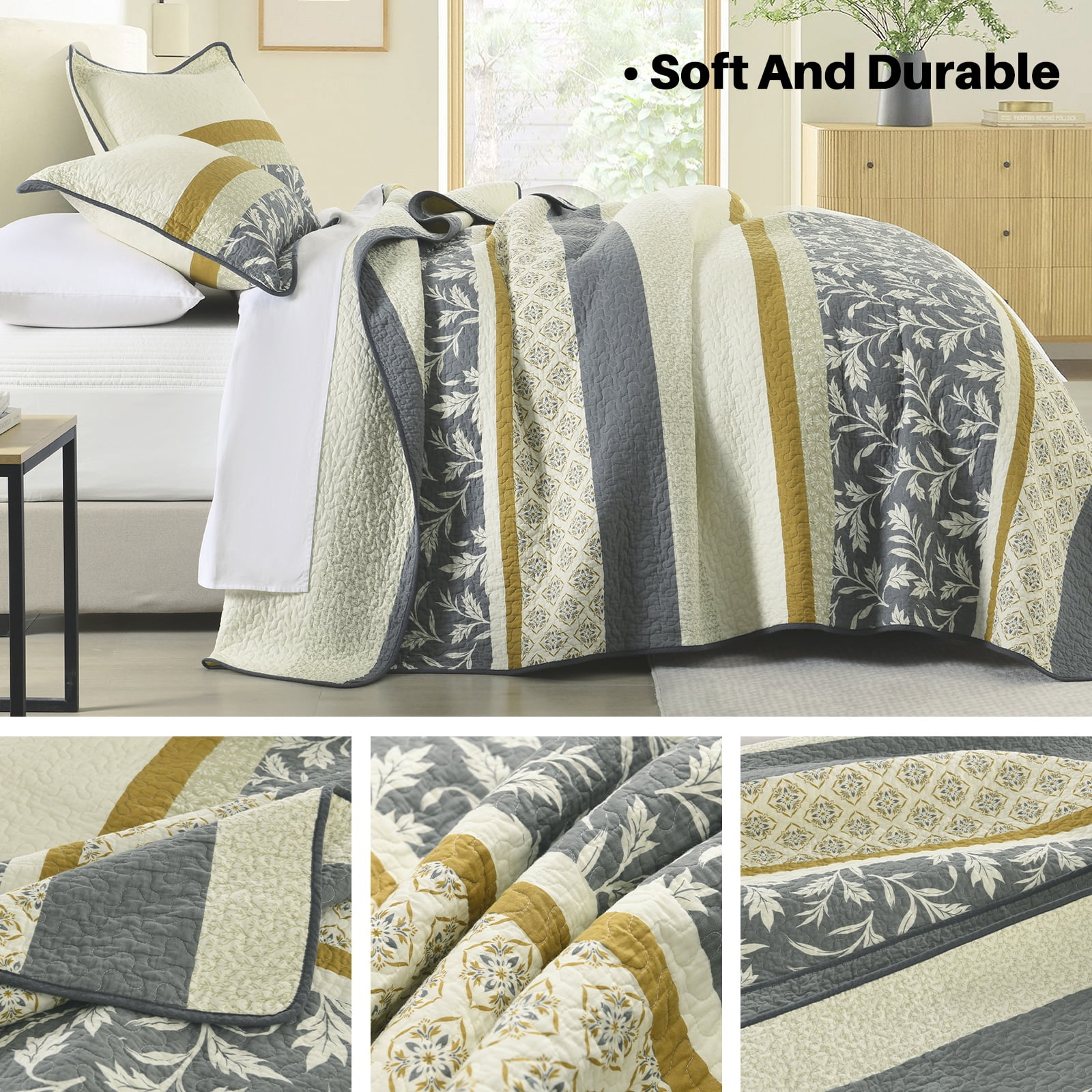Bedduvit Floral King Quilt Sets - 100% Cotton Striped Patchwork Gray/Cream/Yellow King Size Quilts, Lightweight Summer Botanical Print Reversible Bedspread, Vintage Decor Coverlet for King Bed-98x106