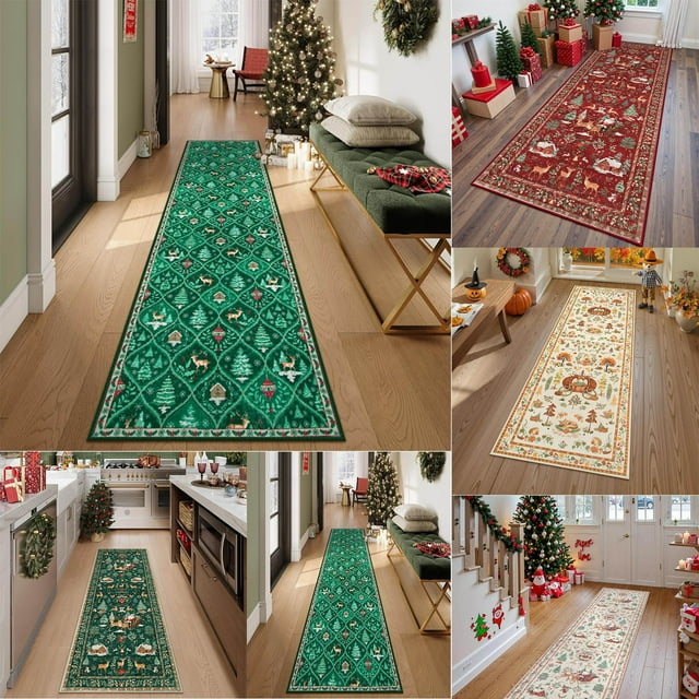 Bowayaoa Christmas Washable Runner Rug, Soft Non Slip Hallway Rug, Faux Wool Kitchen Rug with Santa Tree Snow, Easy Clean Low Pile Carpet for Entryway Bedroom Living Room