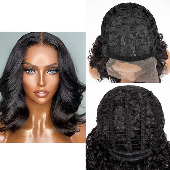 Peluca Ondulada con Encaje Negro y Centro Dividido, Cabello Corto y Rizado natural