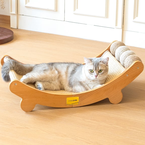 CheerPals Cat Scratcher Pad with Toy Balls, 27x14in Solid Wood Scratching Bed, Sisal Cats Chair Hammock Lounge for Indoor Cat
