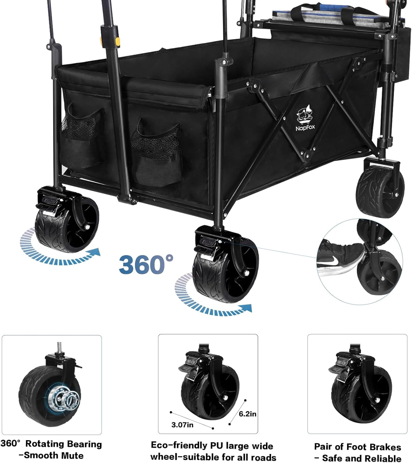 Collapsible Wagon Heavy Duty Folding Wagon Cart with Removable Canopy, 4" Wide Large All Terrain Wheels, Brake, Adjustable Handles, Cooler Bag Utility Carts for Outdoor Garden