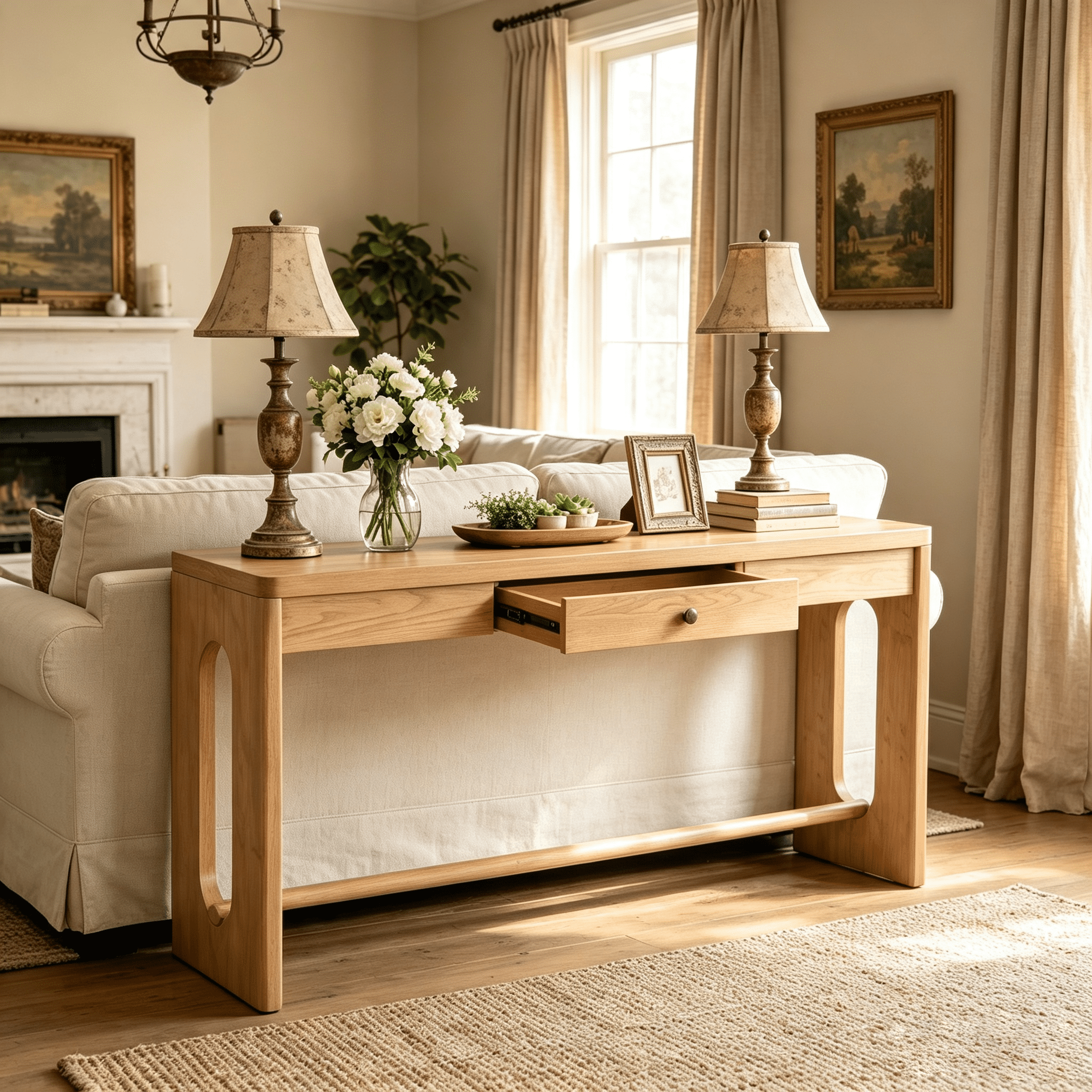59.8" Wooden Entryway Table with Oak Veneer Retro Console Table With Drawer And Round Handle,Multi-Functional Sofa Table with oval cutout leg for Hallway, Entryway, Living Room
