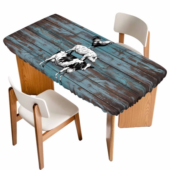 Farmhouse Wooden Grain Table Cloths for 5 Foot Rectangle Tables, Vintage Shabby Cow Pig Chicken Patio Waterproof Elastic Fitted Tablecloths, Washable Rectangular Table Cover for Camping