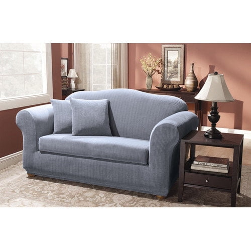 Stretch Pinstripe Sage 2 Piece Loveseat Slipcover