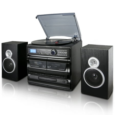 Trexonic 3-Speed Turntable With CD Player, Dual Cassette Player, BT, FM Radio & USB/SD Recording and Wired Shelf