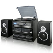 Trexonic 3-Speed Turntable with CD Player, Dual Cassette Player, BT, FM Radio & USB/SD Recording and Wired Shelf Speakers