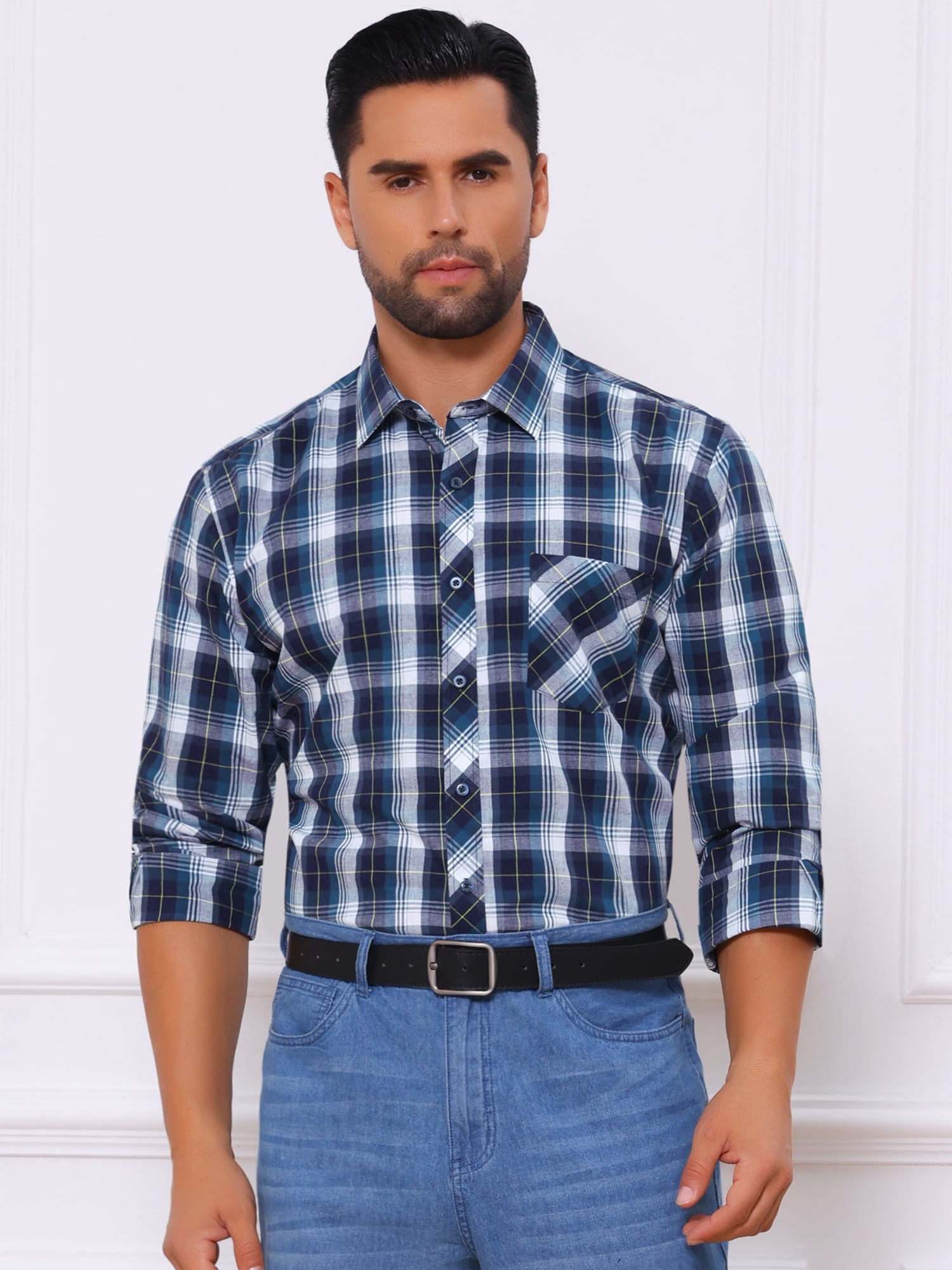 DARING DIVA Men's Long Sleeve Checked Shirt Point Collar Button Plaid Shirt S Navy Black