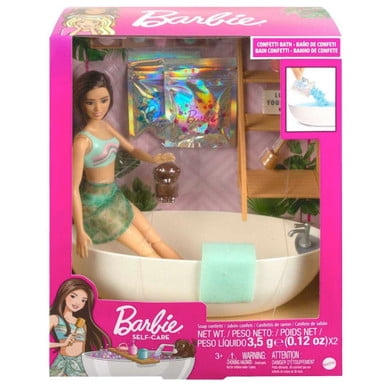 Barbie Doll & Bathtub Playset - Confetti Soap & Accessories - Brunette Doll 11"