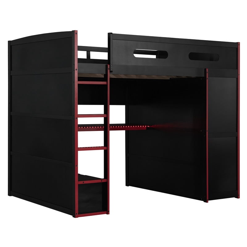Full Size Wooden Loft Bed with Desk, Wardrobe and Storage Shelves, Gaming Loft Bed Frame with RGB LED Light, USB Charging Port and Built-In Workstation for Bedroom