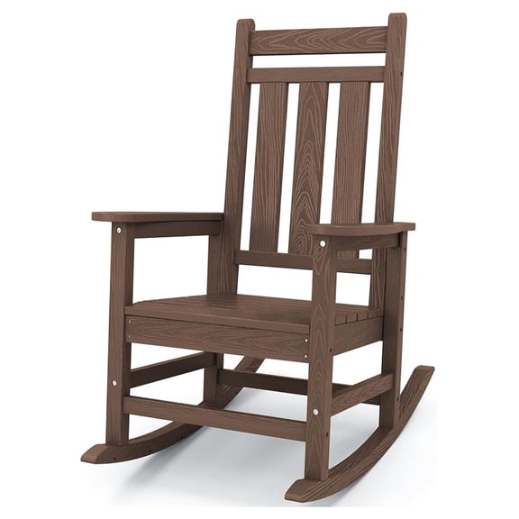Outdoor Rocking Chair, All-Weather Patio Rocking Chairs for Porch, HDPE Rocking Outdoor Chairs with High Back for Adult, Heavy Duty Outdoor Patio Rockers for Garden, Lawn, Brown