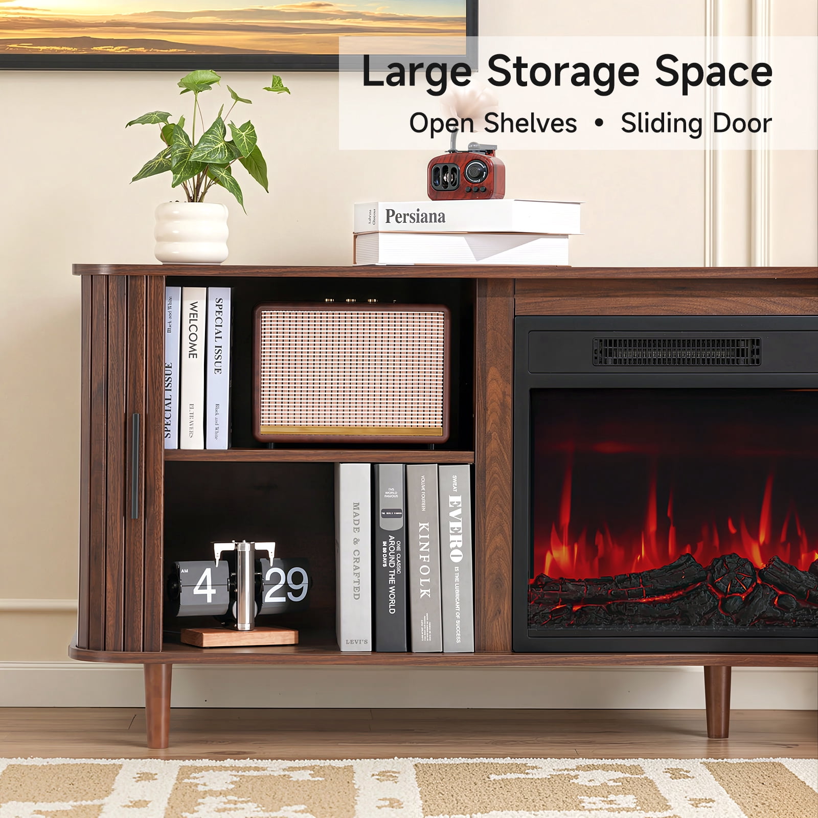 Dovov 70" Fireplace TV Stand for TVs Up to 80", Modern Fluted Entertainment Center Media Console Cabinet with 23" Electric Fireplace and Sliding Door, for Living Room, Walnut