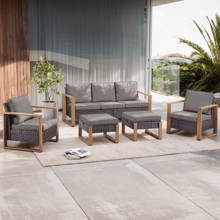 Opohoro 5-Piece Outdoor Furniture Set Wicker Patio Sofa Set with Lounge Chairs and Ottomans Brown/Gray