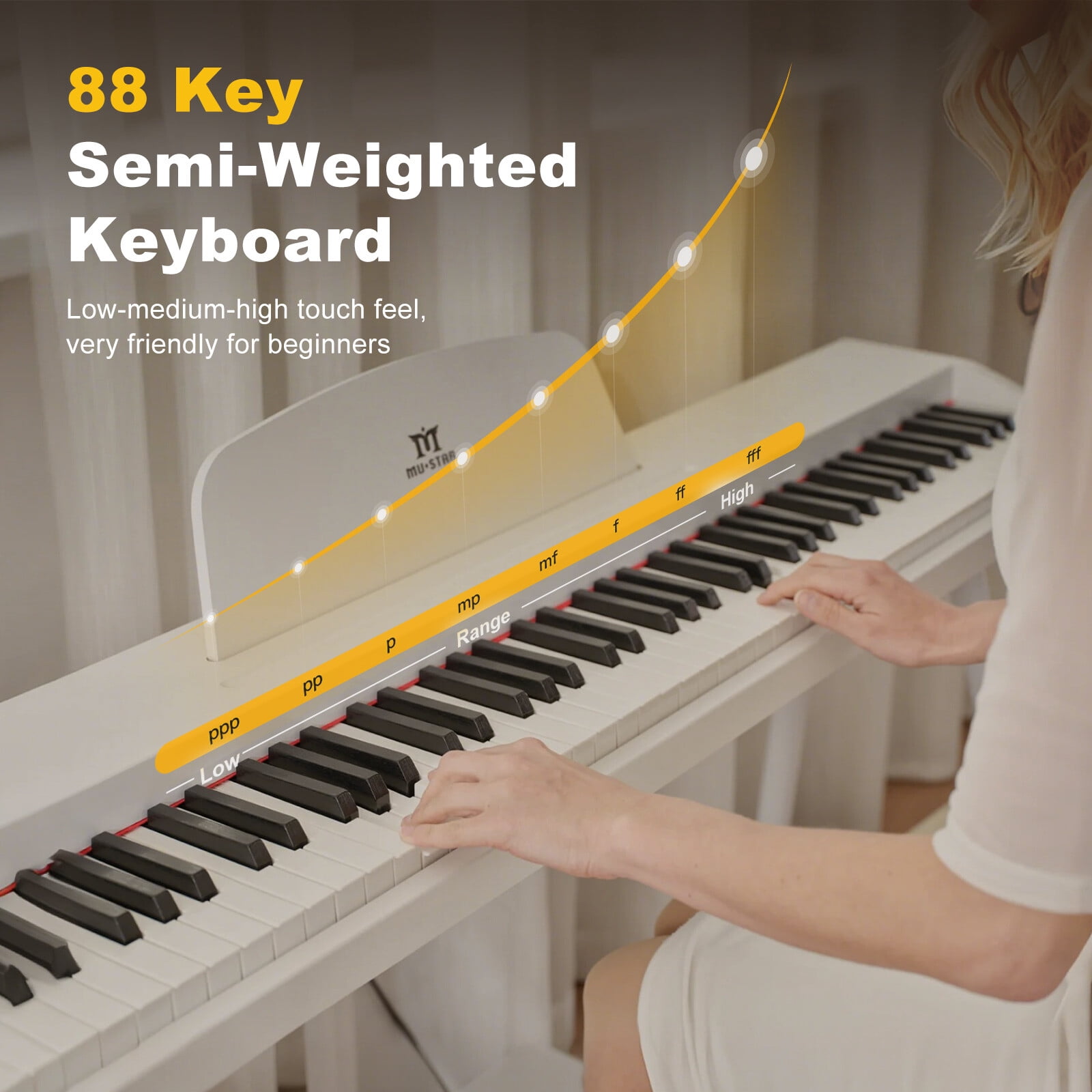 MUSTAR Full Size 88 Keys Semi Weighted Digital Piano Portable Electric Dual Keyboards USB/MIDI with Bench,Triple Pedal,4 Legged Stands(White)