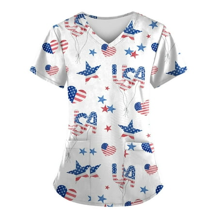 

Sksloeg Scrub Top for Women Fashion 2023 July 4th Independence Day Print T Shirts Short Sleeve V-Neck Workwear Nurse Uniform Tee with Pockets Wine XXXXL
