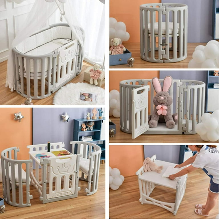 Baby Round Crib 5 in 1 Convertible Baby Bed for Newborn with 6 Lockable Wheels Unisex Grey