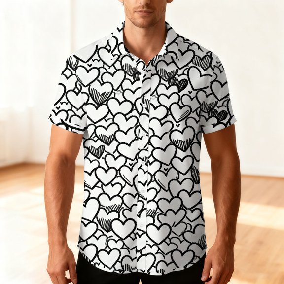 COSFO Button Up Shirt Men Valentine's Day Short Sleeve Love Heart Tops Collared Vacation Classic Fit Mens Shirts