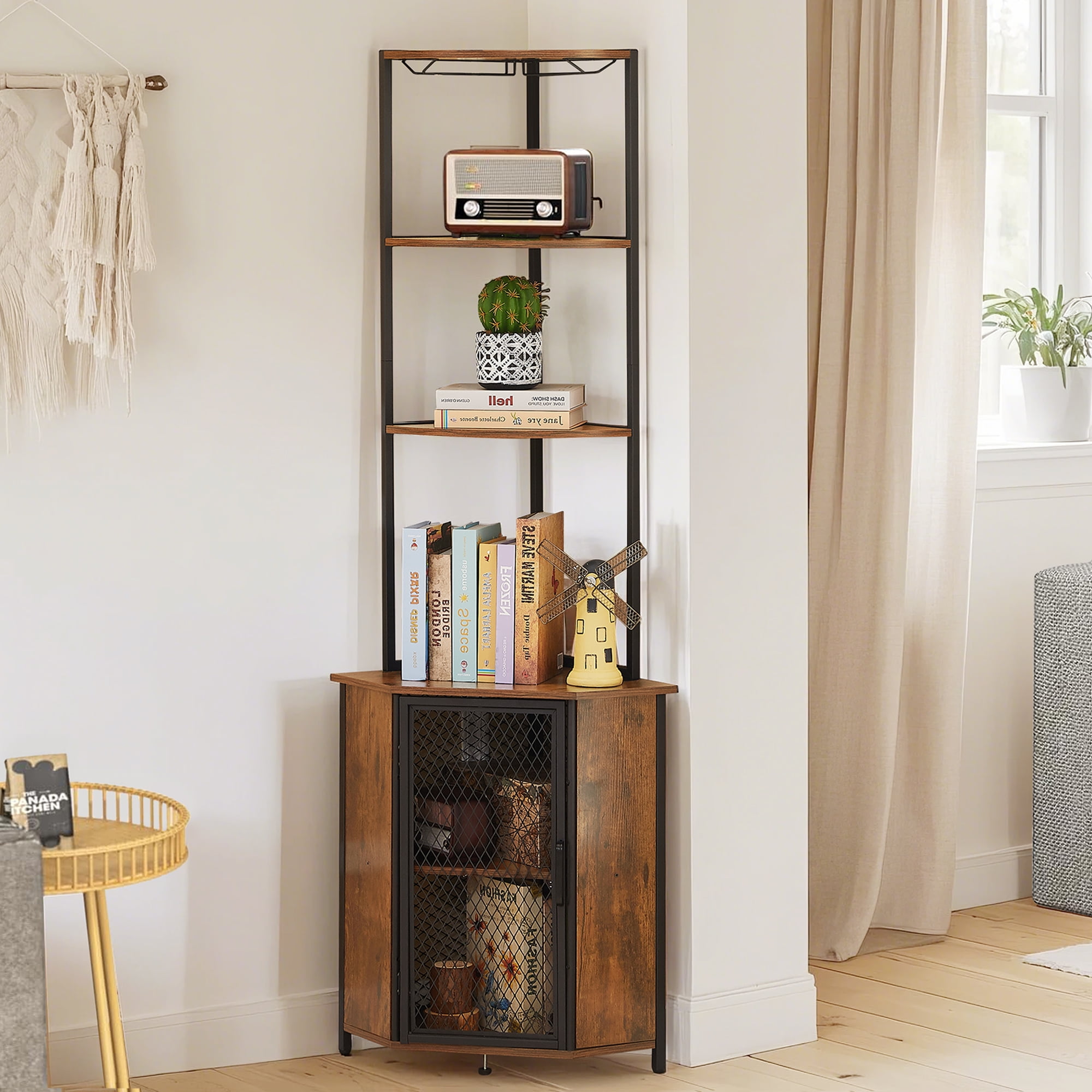 VECELO 6-Tier Corner Shelf with Storage Cabinet, Rustic Corner Bookshelf Stand Storage Rack Plant Stand for Living Room, Home Office, Kitchen, Small Space, Brown