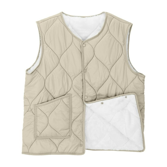 successthop Quilted Vest Women Fleece Solid Plus Size Coat Snap Front Winter Waistcoat with Pockets Fuzzy Outerwear