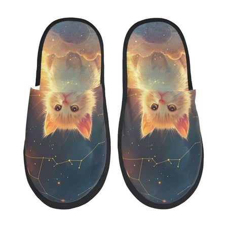 Balery Starry Sky Constellation Cat Slient Indoor Furry Fleece Comfort House Shoes Soft Non-Slip Home Shoes Cotton slippers House Slippers-- Medium