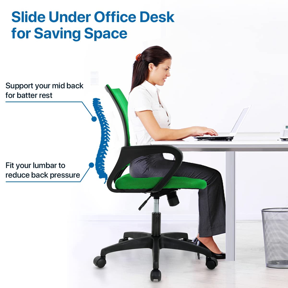 NiamVelo Mesh Office Chair, Mid-Back Home Office Chair Adjustable Ergonomic Desk Chair with Armrest, Rolling Swivel Chair for Adults, Green