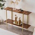 thumbnail image 1 of Rectangle Coffee Table Mid-Century Modern Design L W x H for Living Room - Structure Amber Glass Top and Walnut MDF Shelf Sleek Conical Metal Legs with Gold Finish, 1 of 8