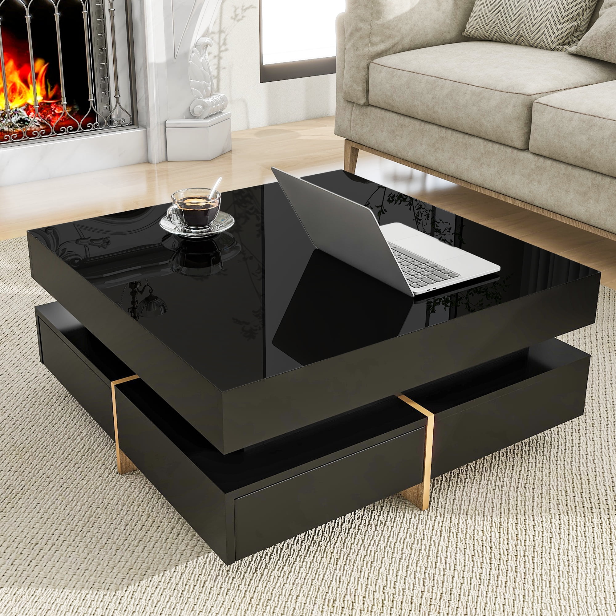 MAYEERTY Modern High Gloss Coffee Table with 4 Drawers, Multi-Storage Square Cocktail Tea Table with Wood Grain Legs, Center Table for Living Room, 31.5''x31.5'', Black