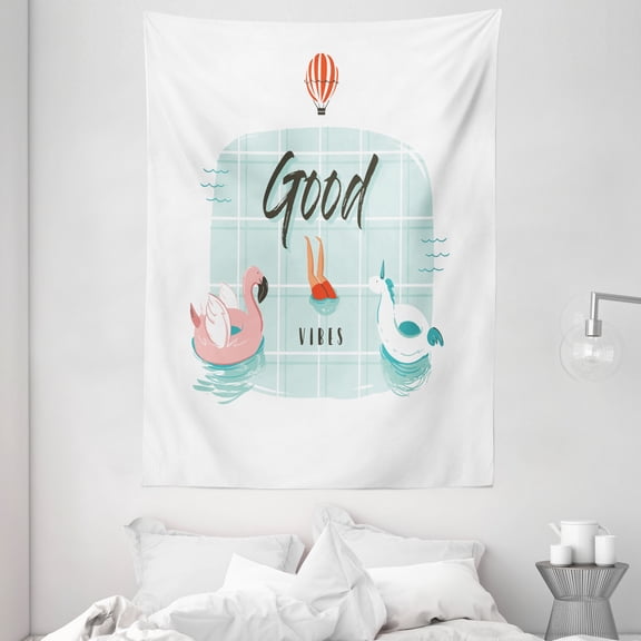 Good Vibes Tapestry, Pink Flamingo and Unicorn Buoy Ring in Swimming Pool Summertime Fun, Wall Hanging for Bedroom Living Room Dorm Decor, 60W X 80L Inches, Pale Green Coral Black, by Ambesonne