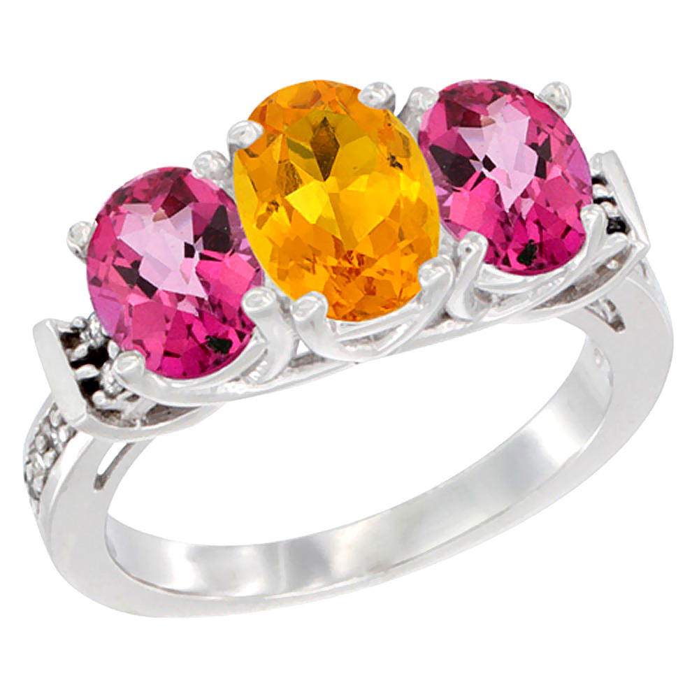 10K White Gold Natural Citrine & Pink Topaz Sides Ring 3-Stone Oval Diamond Accent, sizes 5 10 by WorldJewels