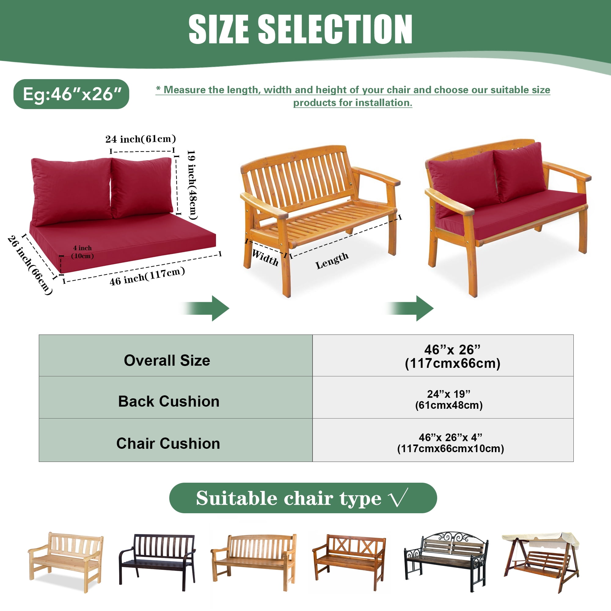 Outdoor Loveseat Cushions for Patio Furniture, Waterproof Weather & Fade Resistant Seat and Backrest Cushion Set with Removable Cover, 46 x 26 Inch, Red