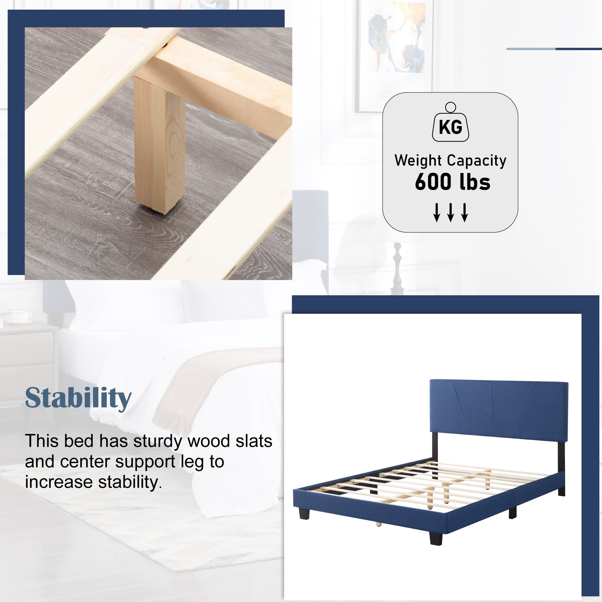 Gewnee Queen Size Platform Bed with Headboard,Fabric Upholstered Bed Frame,Strong Wood Slats Support,Easy Assembly,No Box Spring Needed (Navy Blue)