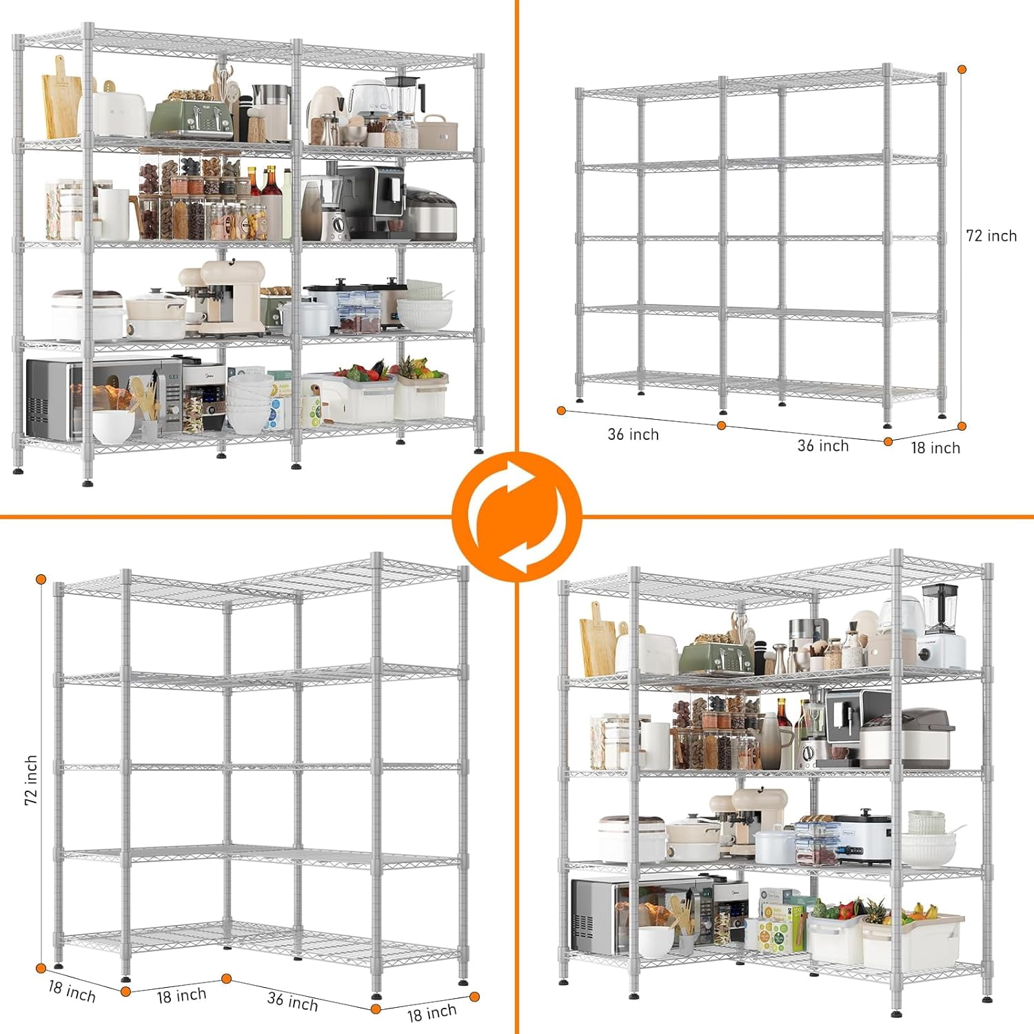 Sailvan 5-Tier Heavy Duty Metal Storage Rack, 60"W x 14"D x 72"H, 1500LBS Capacity Adjustable Wire Shelving Unit for Garage Pantry Kitchen,Silver