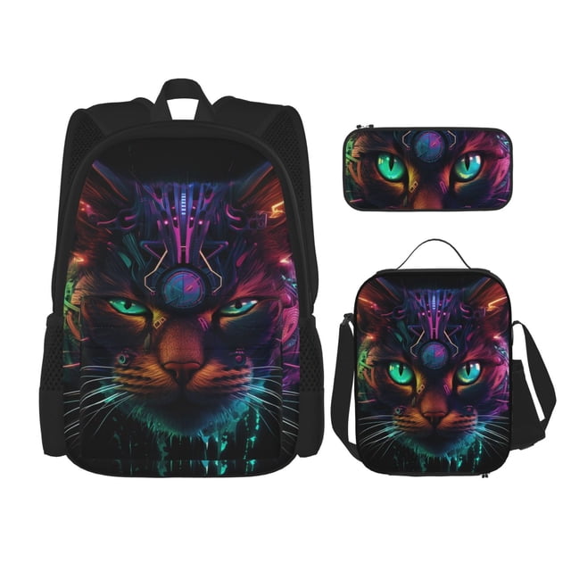 Disketp Futuristic Cat Warrior Mochila Estampada de Gran Capacidad con Lonchera y Estuche, Set de 3 Piezas para Estudiantes