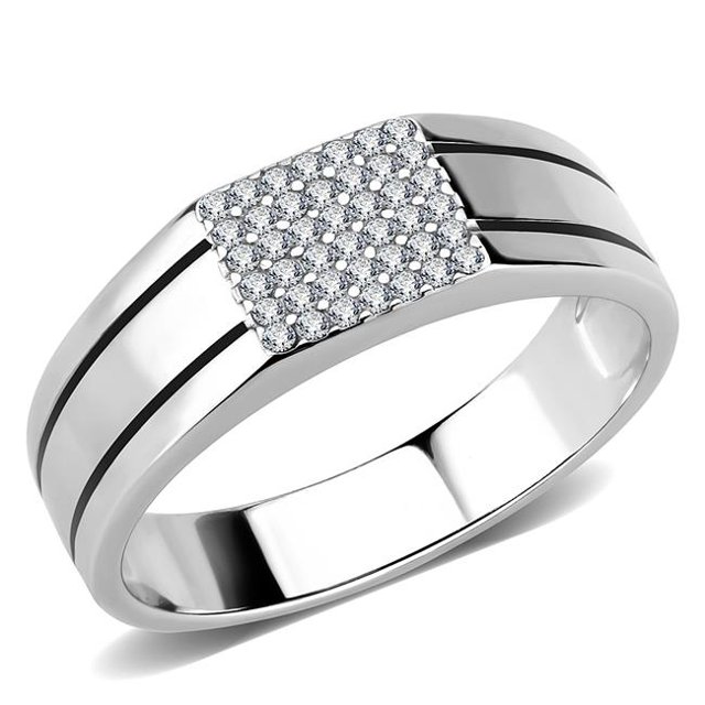 Alamode DA253-11 Men High Polished Stainless Steel Ring with AAA Grade CZ in Clear - Size 11
