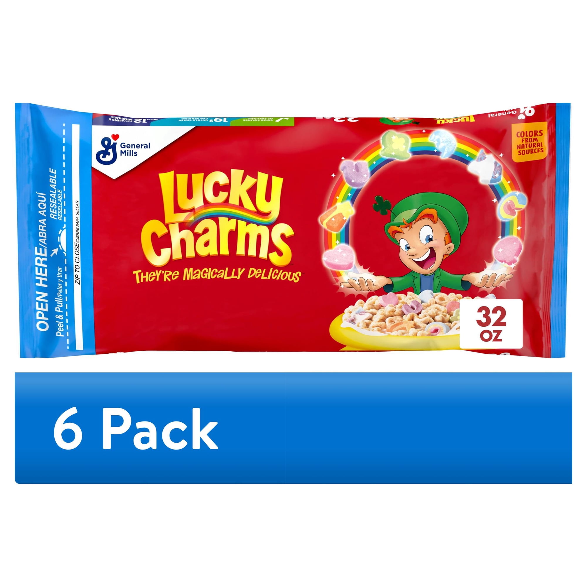 (6 pack) Lucky Charms with Marshmallows, Kids Breakfast Cereal, Gluten Free, Cereal Bag, 32 oz