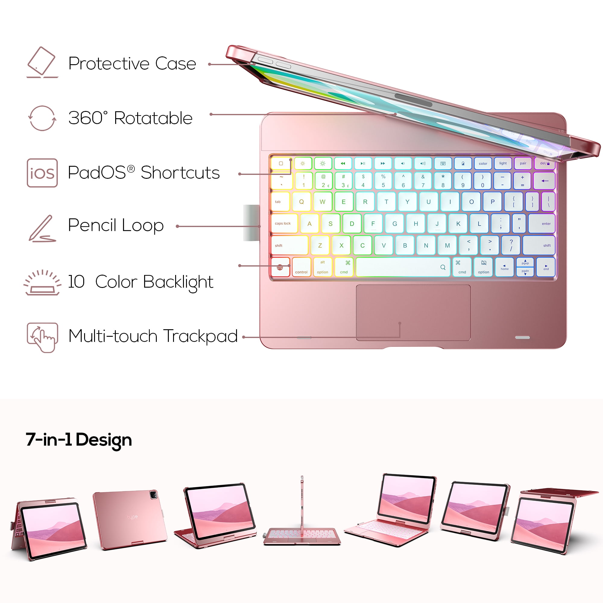 typecase Keyboard Case with Trackpad for iPad Air 11-inch (M4/M3/M2, 2026/2025/2024), Pro 11", Air 5 & 4, 360° Wireless Backlit Keyboard with Pencil Holder, Pink