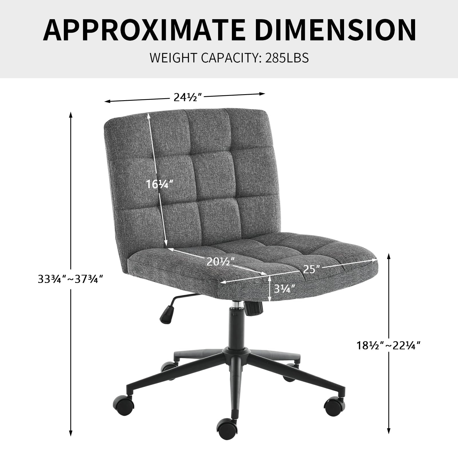 Fumahaus Modern Armless Home Office Chair Wide Desk Chair with Wheels Adjustable Swivel Task Chair for Home Office, Bedroom. Linen-DarkGrey