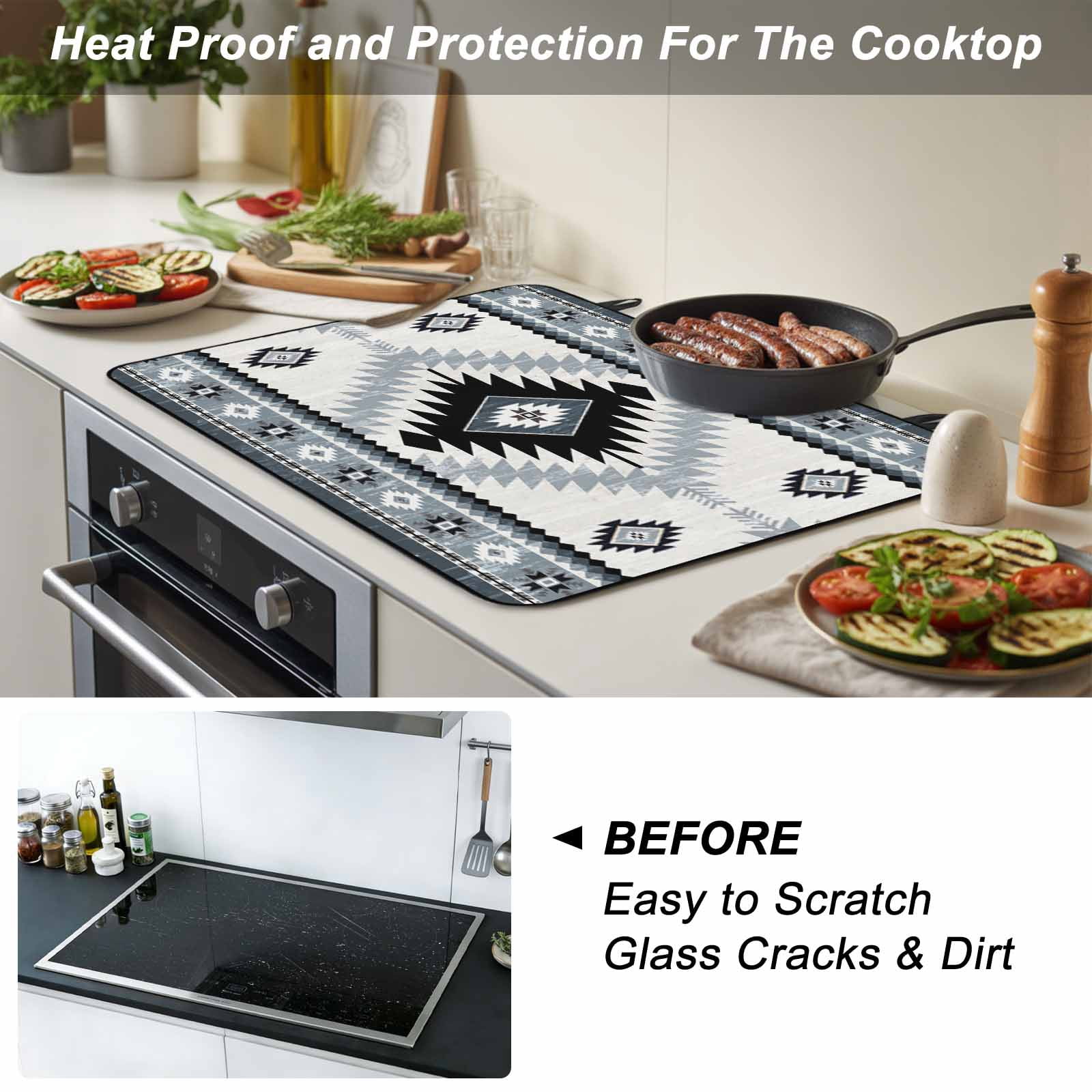 Brown Beige Boho Stove Top Cover for Electric Stove, Heat-proof & Non Slip Glass Top Stove Cover Protector, Southwestern Ethnic Abstract Geometric Kitchen Flat Cooktop Rubber Mat 24x21 Inches