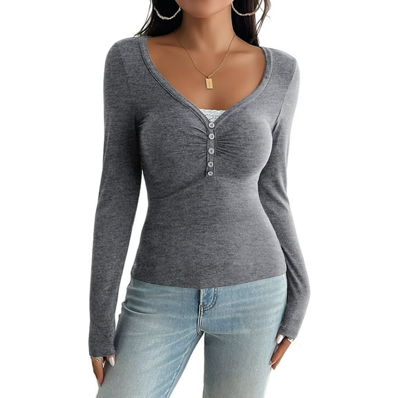 Women'S Long Sleeve Shirt V-Neck Buttons Ribbed Knit Slim Fit Casual Basic Spring Autumn Tops Flower Gray M