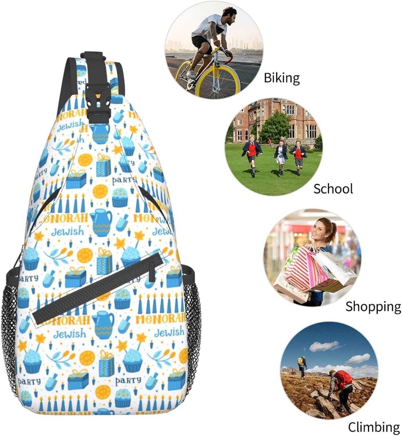 Happy Hanukkah Jewish Chanukah Holiday Sling Bag Crossbody Hiking Travel Chest Bags Backpack Shoulder Daypack for Women Men