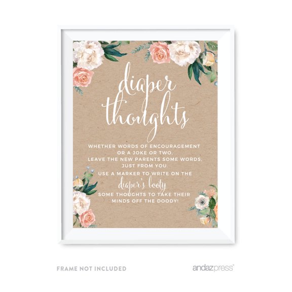 Peach Rustic Floral Garden Party, Diaper Thoughts Party Sign, 8.5x11-inch, 1-Pack, Games