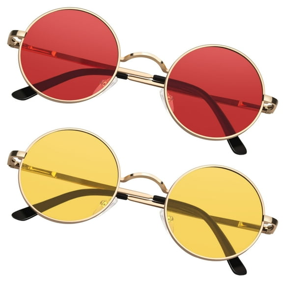 Sunier Round Sunglasses Retro 70s Polarized Hippie Lennon Metal Frame Men Women-2 Pairs
